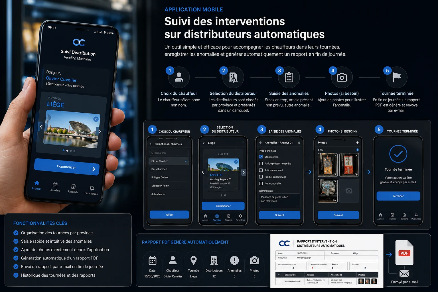 Parcours de l'application : choix du chauffeur, sélection du distributeur, saisie des anomalies, photos et clôture de tournée, avec génération automatique du rapport PDF